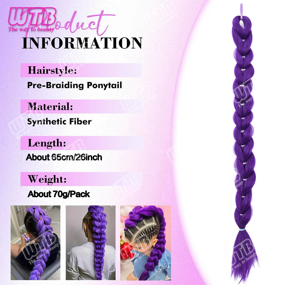 26 inch Purple Braids Ponytail Rubber Band Pre Braiding Hair Synthetic Purple Hair Extensions for Halloween Costume Cosplay