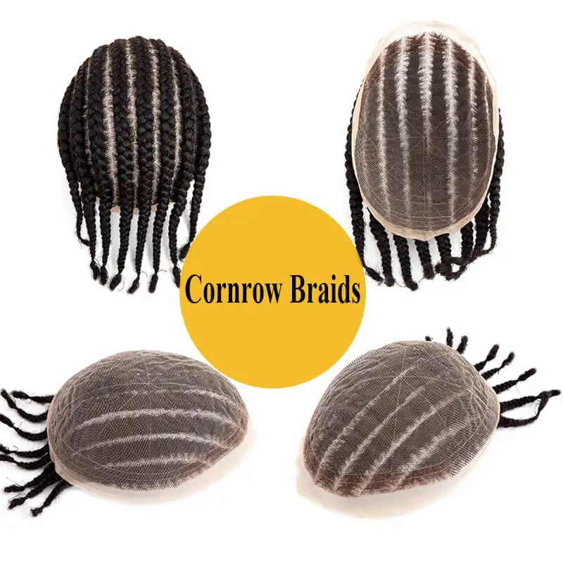 8 Cornrow Braids Toupee For Men Women and Kids,Men's capillary prothesis 6" Cornrow Braids Lace Toupee Men 100% Human Hair