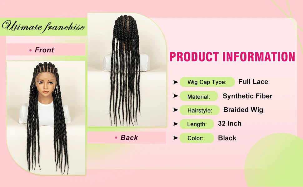 Protective Cornrow Braided Wigs Jumbo Braids 32inches Neatly Braided Full Lace Synthetic Wigs for Black Women