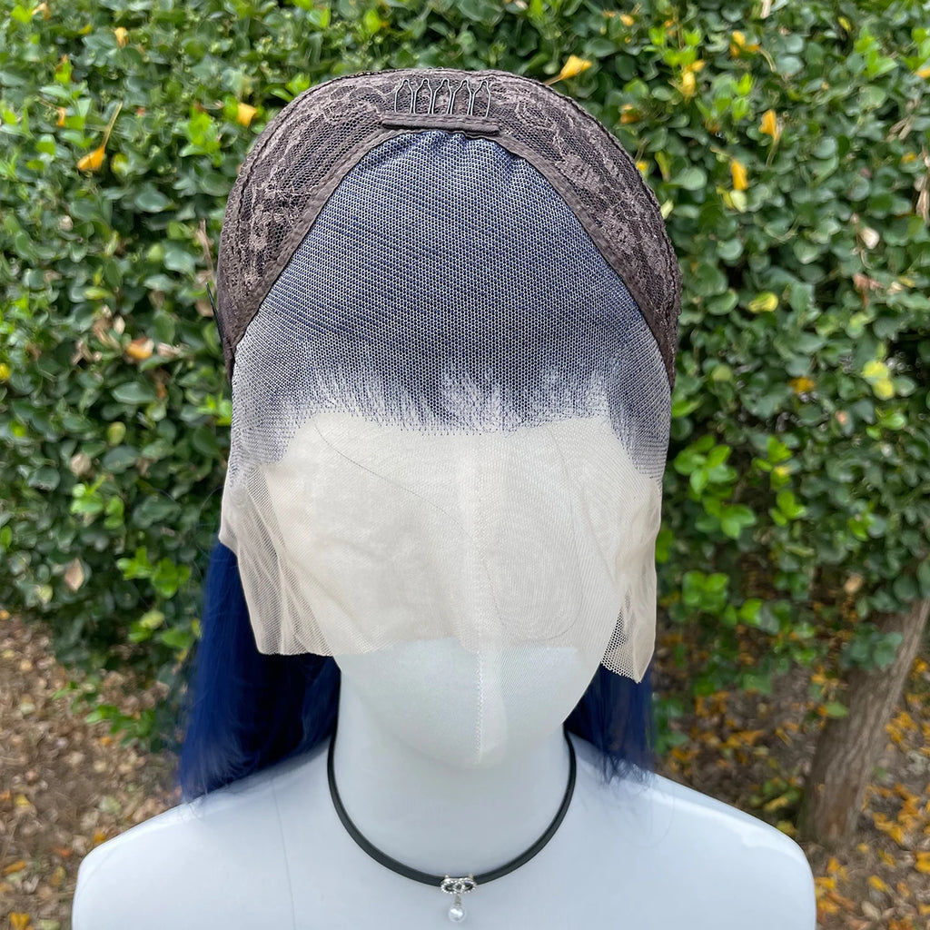 Dark Blue 13X4 Synthetic Lace Front Wigs for Women 26 Inch Long Sliky Straight Lace Wigs Half Hand Tied 150% Density Glueless