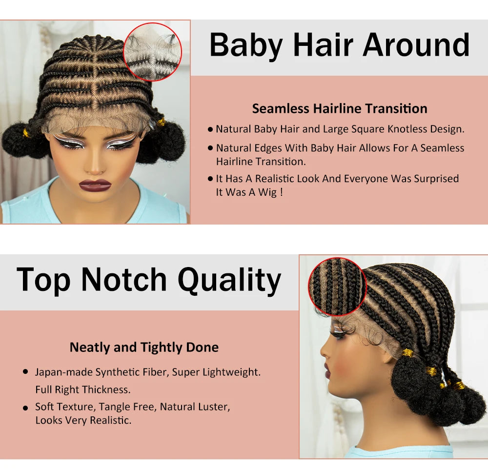10Inch Short Natural Cornrow Braided Wigs with Baby Hair Synthetic Transparent Full Lace Handmade Bantu Braids Wigs for Women