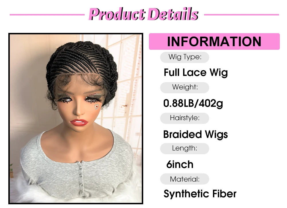 Short Full Lace Braiding Wig Synthetic Cornrow Knotless Box Braided Wigs Natural African Bantu Braids Wig for Black Women
