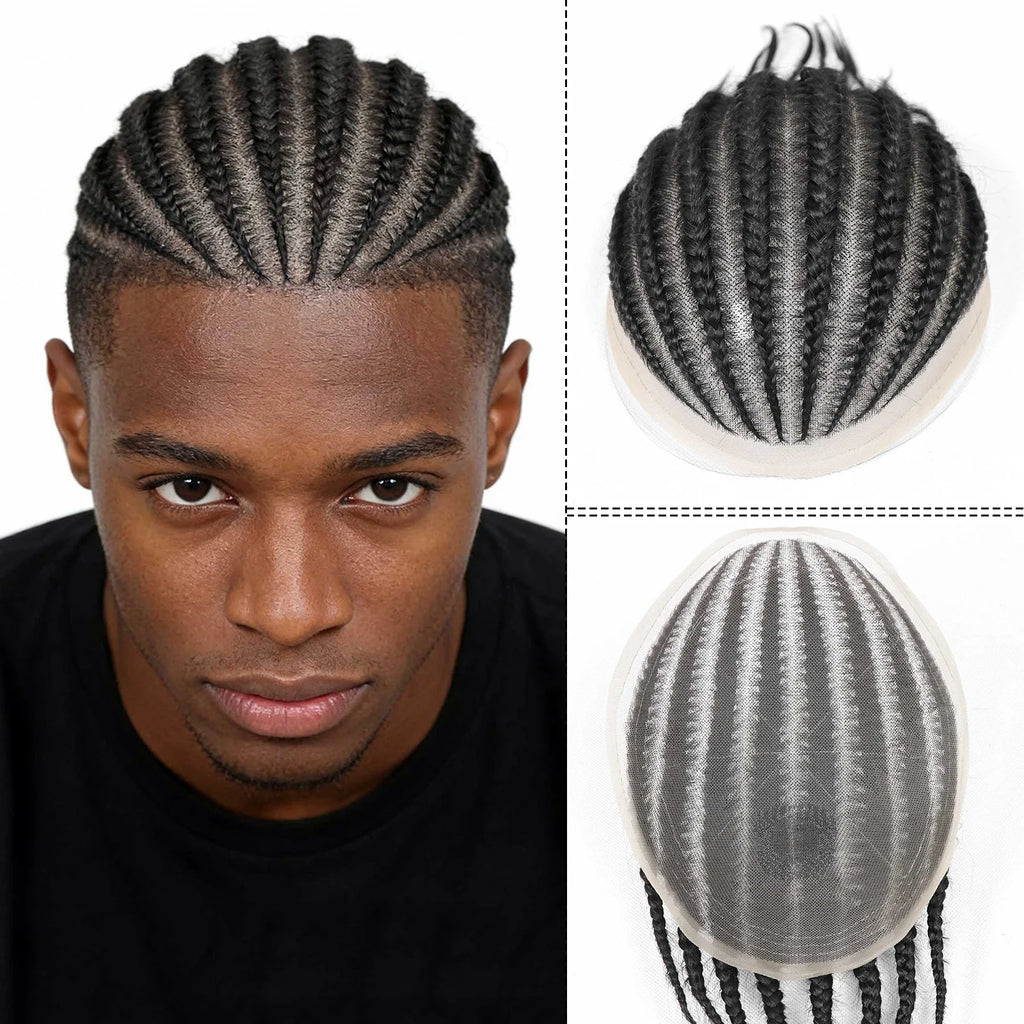 Men's Black Cornrow Box Braided Human Hair Man Toupee Full Lace Male Toupee For Men Afro Cornrow Braids Human Hair Mens Wigs