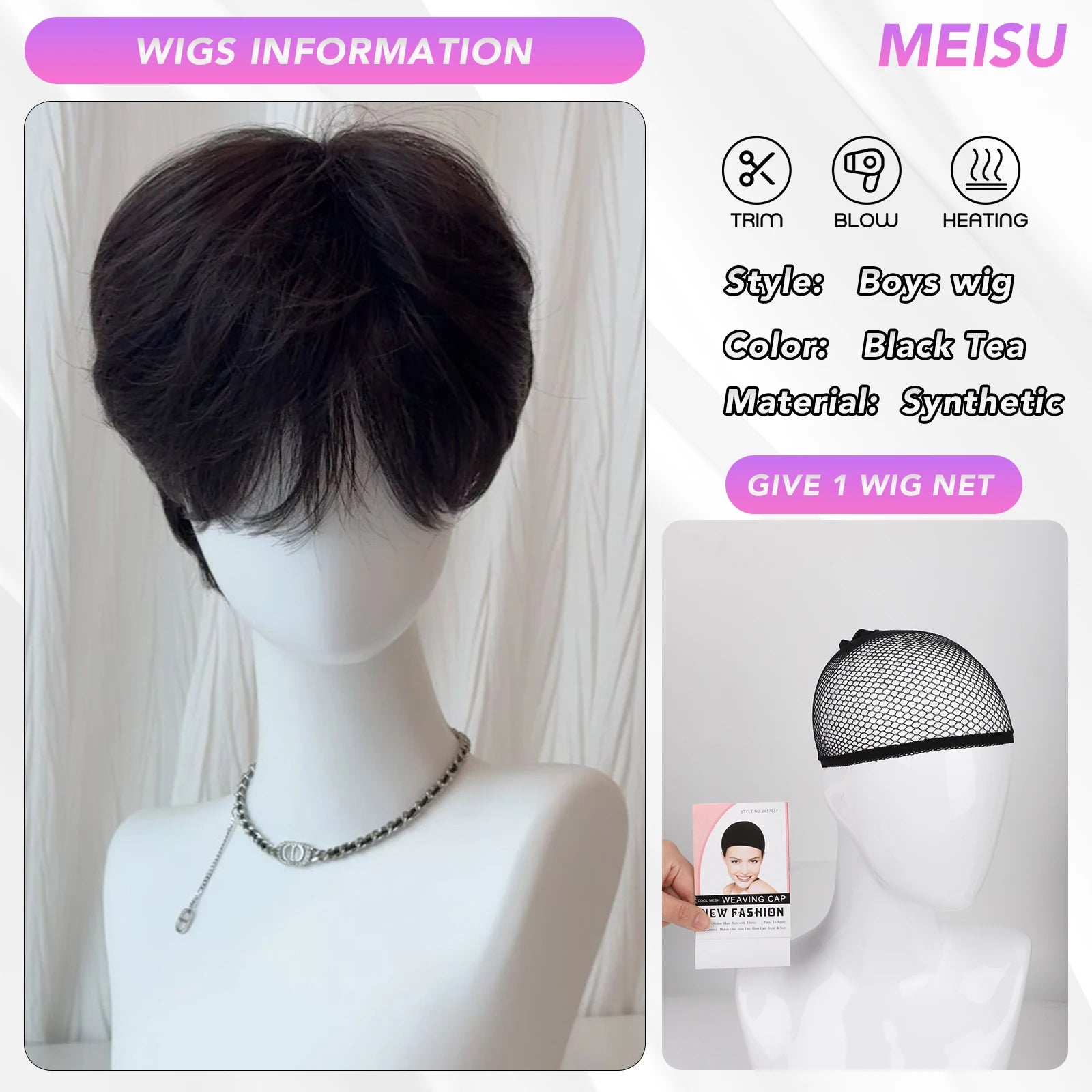 MEISU 10 Inch Short Boy Bangs Wig Brown Black Tea Synthetic Fiber Heat-Resistant Natural And Smoot Cool Boys Wig Selfie Party