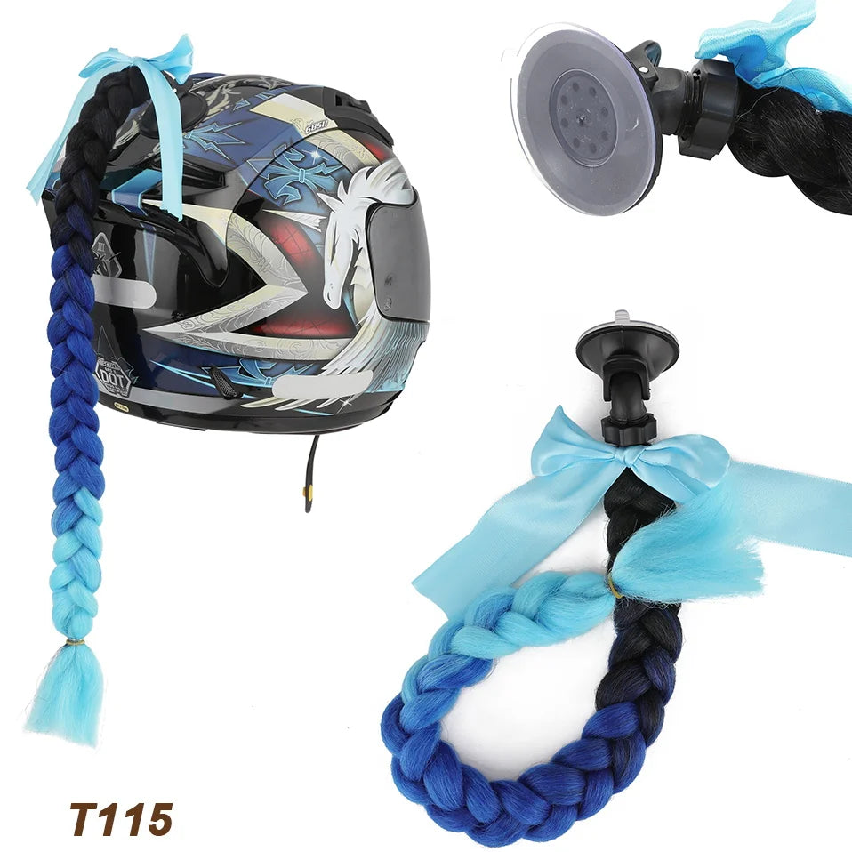 Benehair Syntheitc Helmet Pigtails Gradient Ramp Helmet Braids Ponytail Hair with Suction Cup with Bowknot for Motor Bike 1PCS