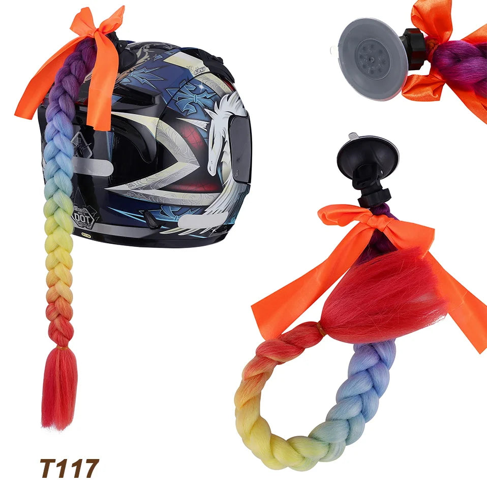 Benehair Syntheitc Helmet Pigtails Gradient Ramp Helmet Braids Ponytail Hair with Suction Cup with Bowknot for Motor Bike 1PCS