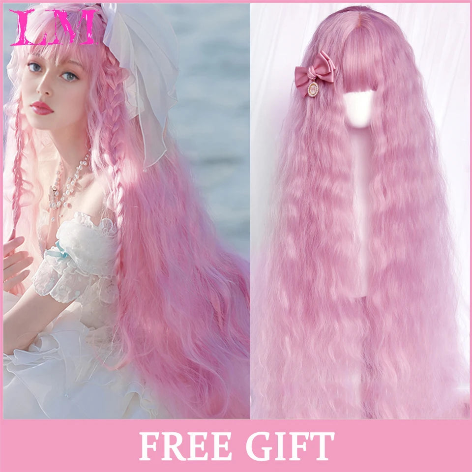 LM Cosplay Wig With Bangs Synthetic Straight Hair 24 Inch Long Heat-Resistant Pink Wig For Women
