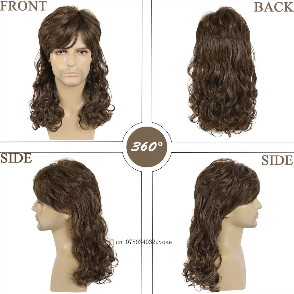 Men's Wigs 70s 80s Synthetic Wig for Men Brown Wavy Curly Mullet Wig with Bangs Halloween Costume Theme Party Wig Heat Resistant