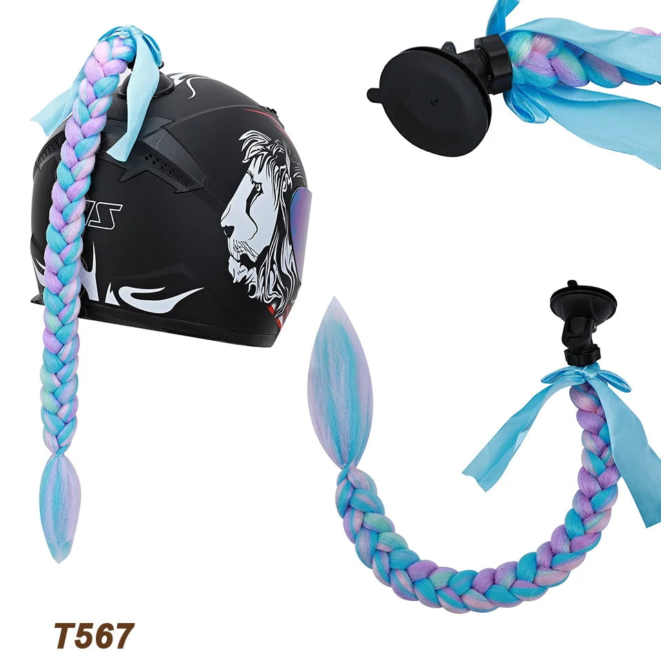 Benehair Syntheitc Helmet Pigtails Gradient Ramp Helmet Braids Ponytail Hair with Suction Cup with Bowknot for Motor Bike 1PCS