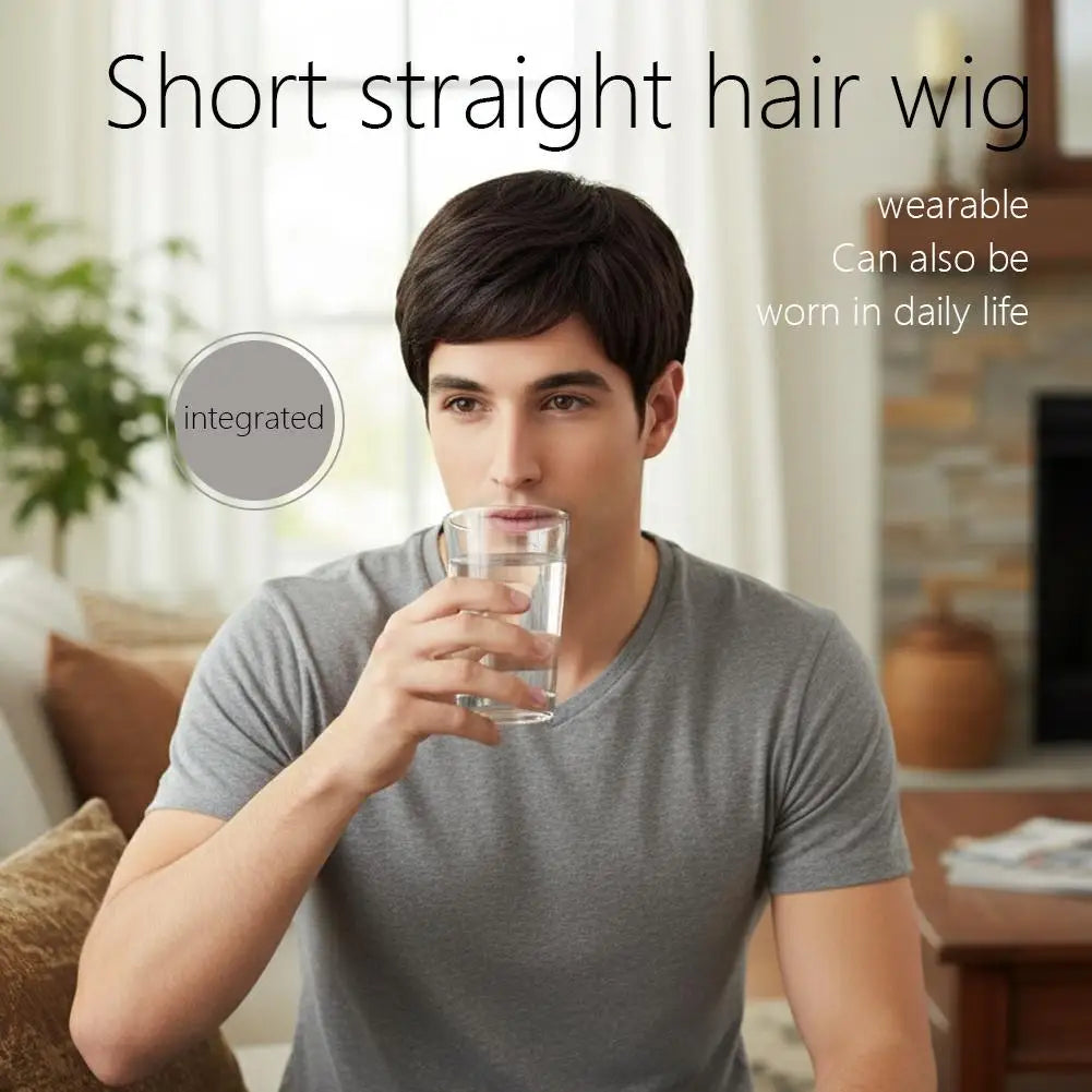 Men's Fashion Wig with Side Swept Bangs - Short Straight Hair Synthetic Full Wig for Men, European Style Ready to Wear