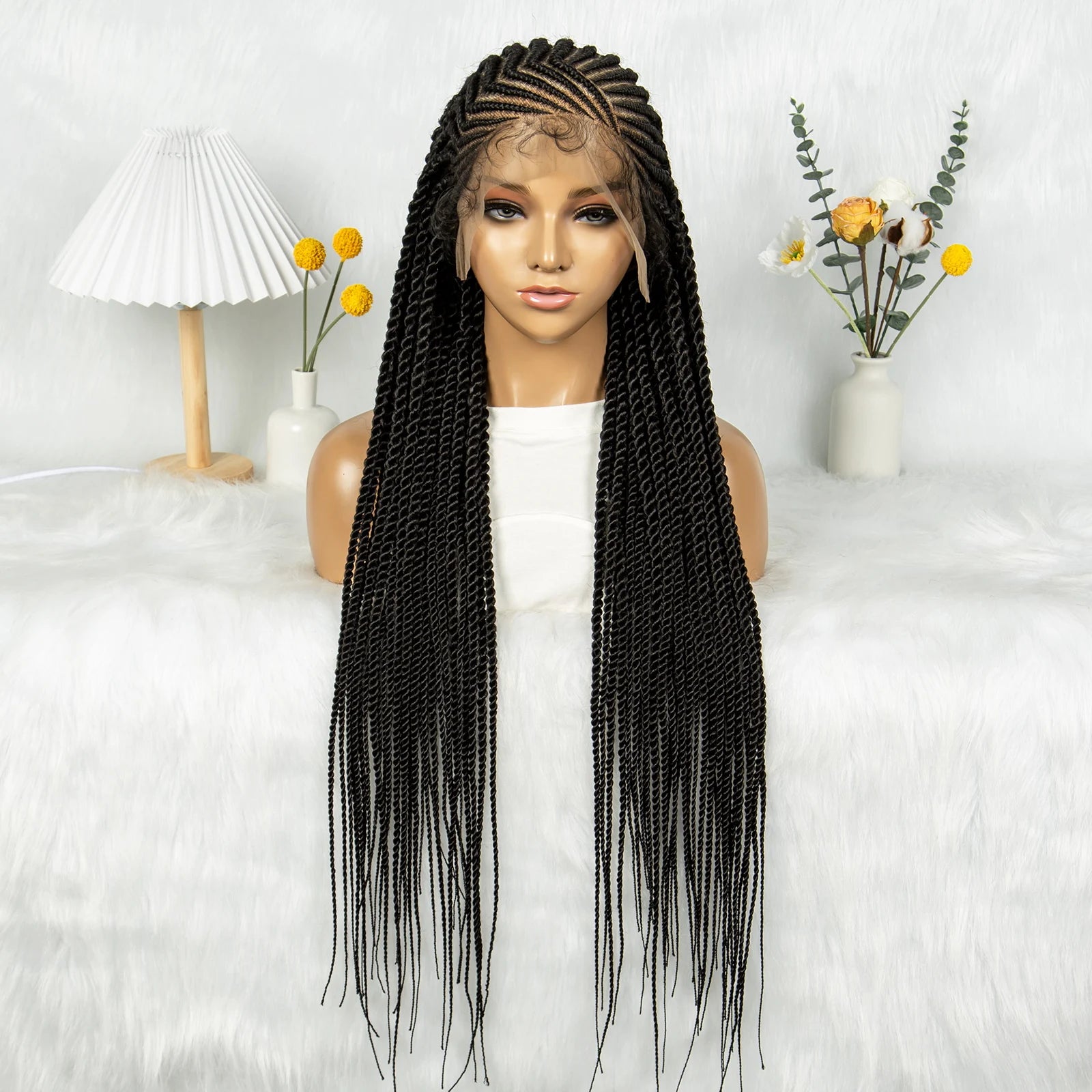 32Inch Cornrow Braided Wigs Synthetic Box Braids Wig Full Lace  Braided Wig for Black Women Blended Lace Front Braiding Hair Wig