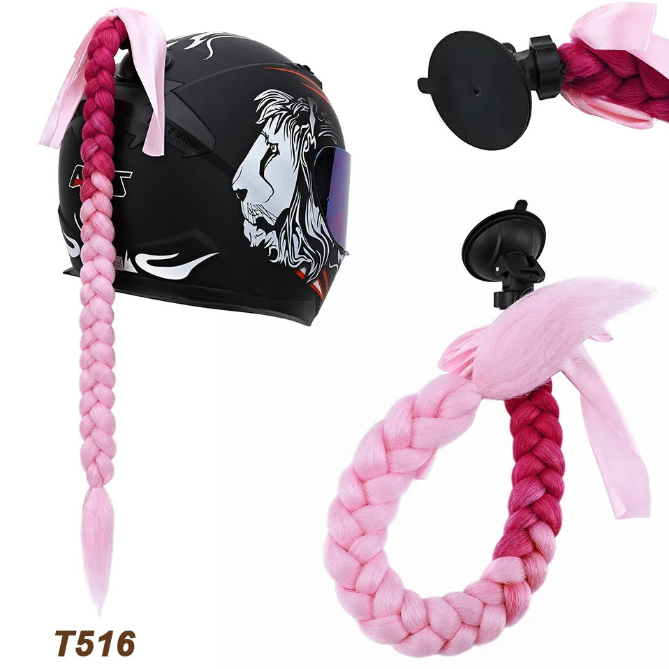 Benehair Syntheitc Helmet Pigtails Gradient Ramp Helmet Braids Ponytail Hair with Suction Cup with Bowknot for Motor Bike 1PCS