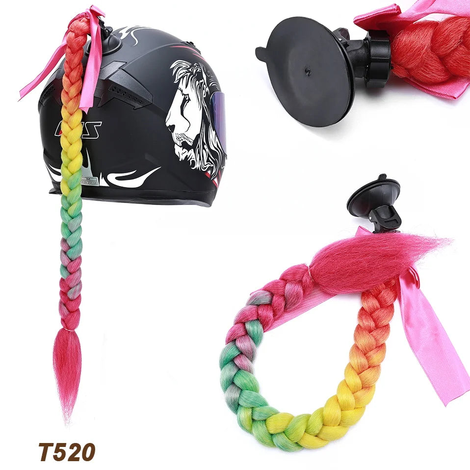 Benehair Syntheitc Helmet Pigtails Gradient Ramp Helmet Braids Ponytail Hair with Suction Cup with Bowknot for Motor Bike 1PCS