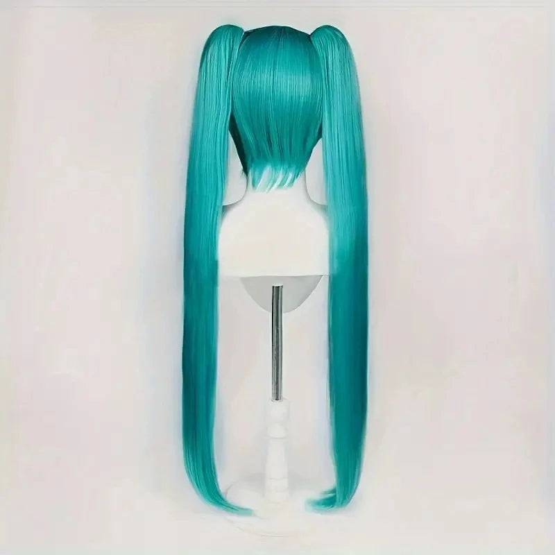 Synthetic medium-length blue mixed straight hair role-playing wig, featuring a double-curled ponytail,