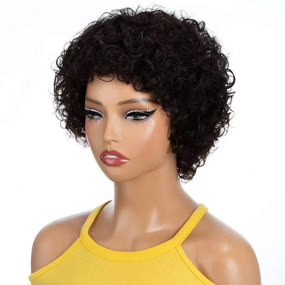 Human Hair Wig Short Curly Pixie Cut with Bangs for  Women Human Hair Machine Made
