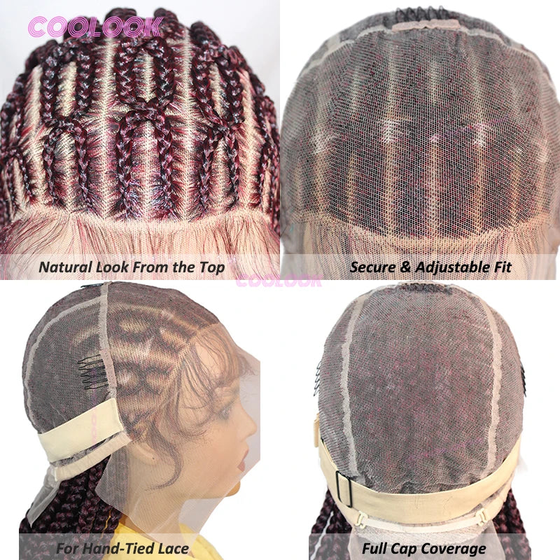 1BBurgundy Cornrow Braids Hair Wigs Synthetic Braided Wigs For Women 36" Knotless Box Braid Wig Full Lace Cornrow Braided Wigs