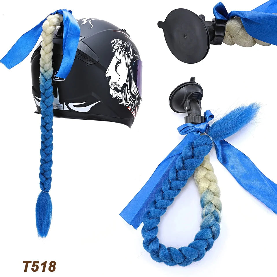 Benehair Syntheitc Helmet Pigtails Gradient Ramp Helmet Braids Ponytail Hair with Suction Cup with Bowknot for Motor Bike 1PCS