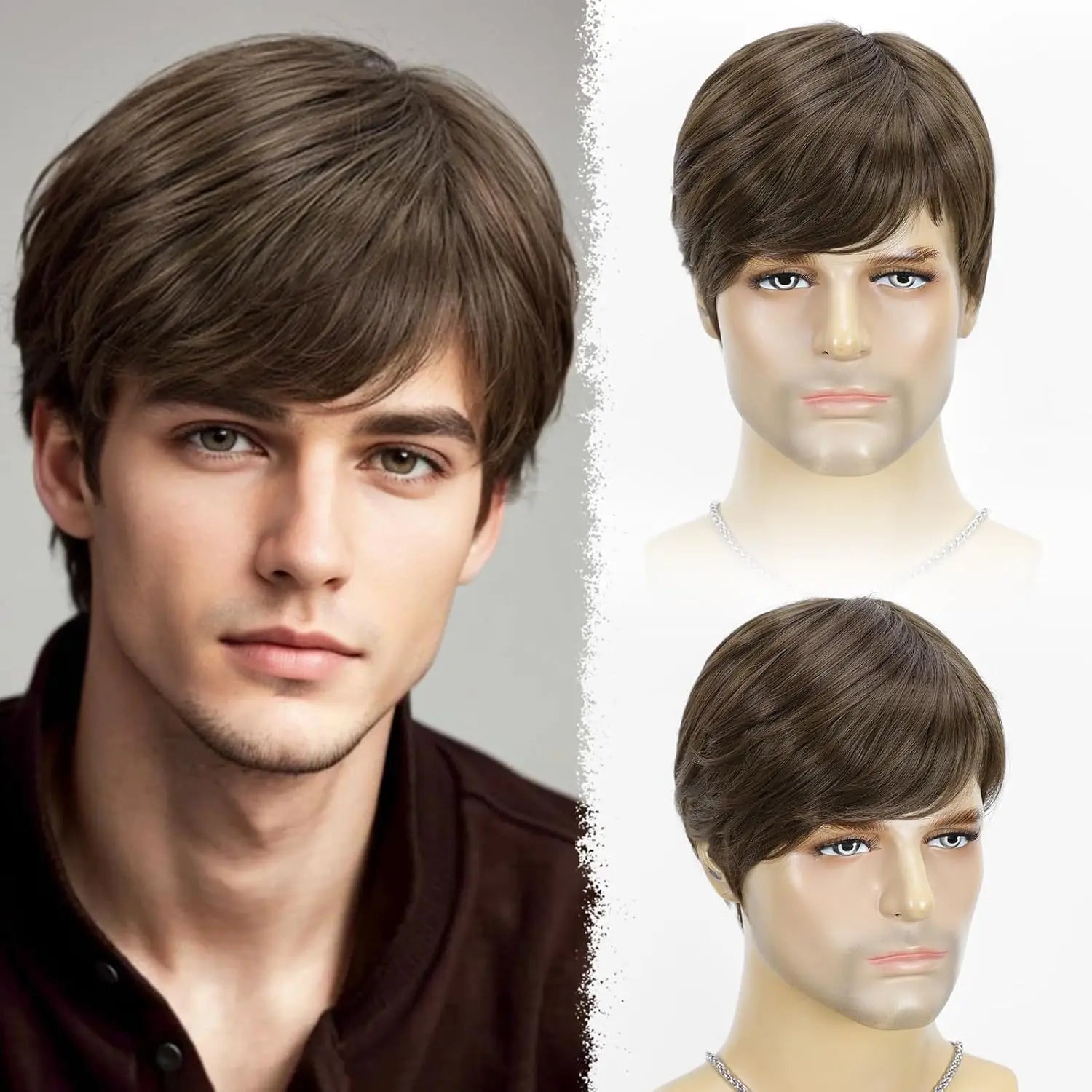 Synthetic Wigs for Men: Brown Side-Swept Short Straight Hair, Business Style, Full