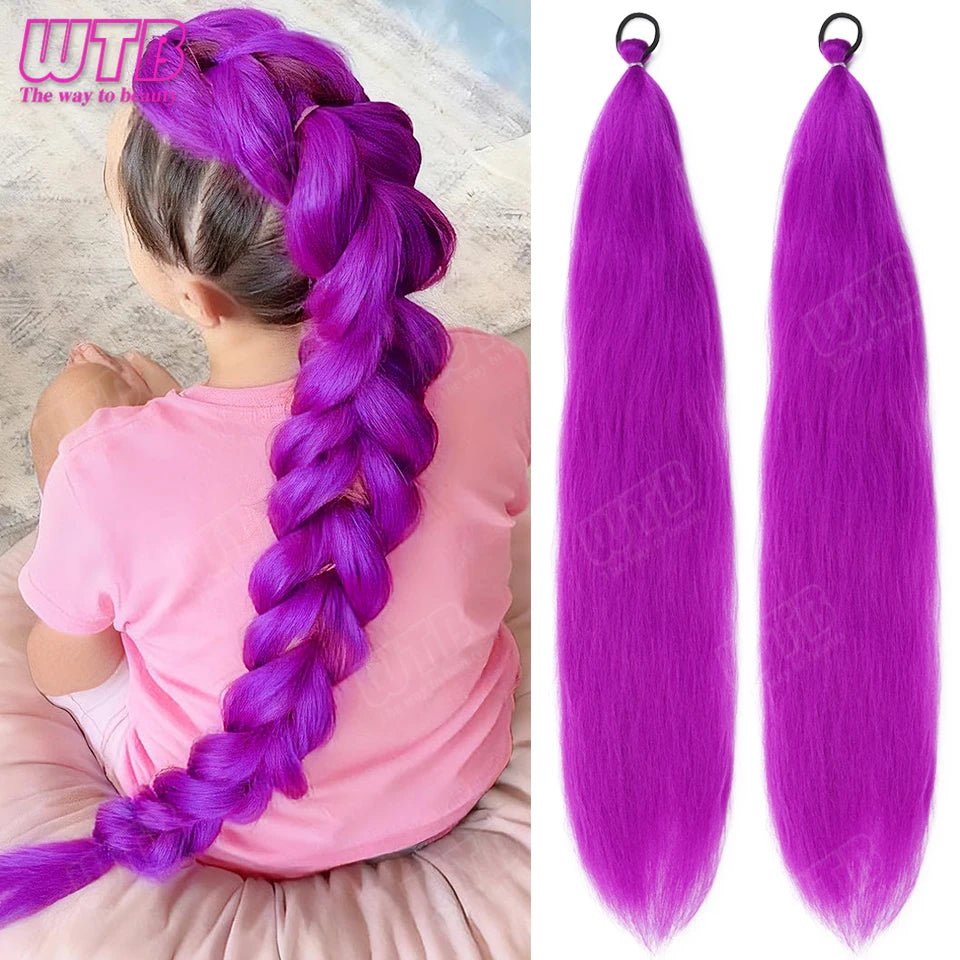 26 inch Purple Braids Ponytail Rubber Band Pre Braiding Hair Synthetic Purple Hair Extensions for Halloween Costume Cosplay