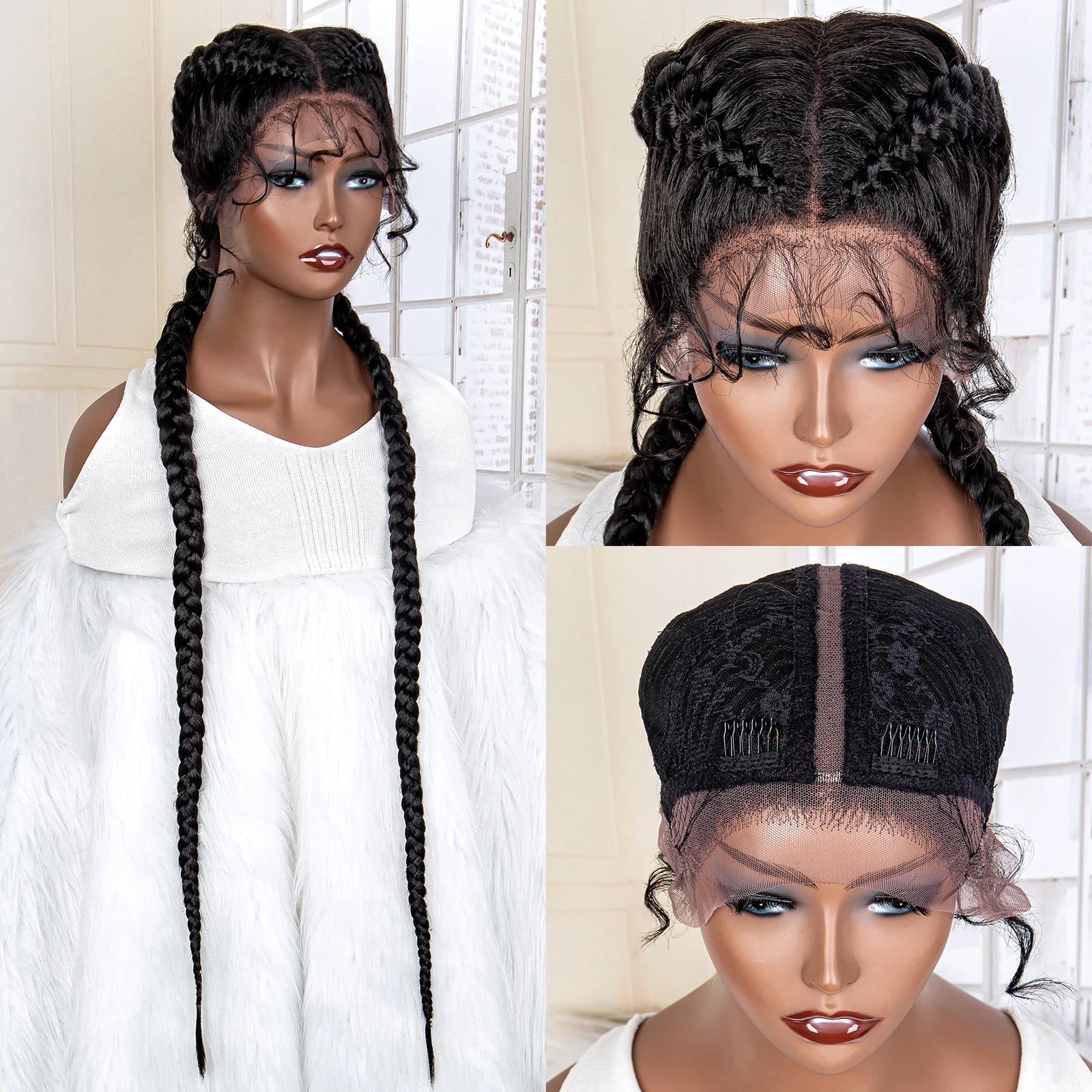 36 Inches Cornrow Braided Wigs Synthetic Lace Front Braids Wigs for Black Women Long Lace Wigs Double Braid Knotless