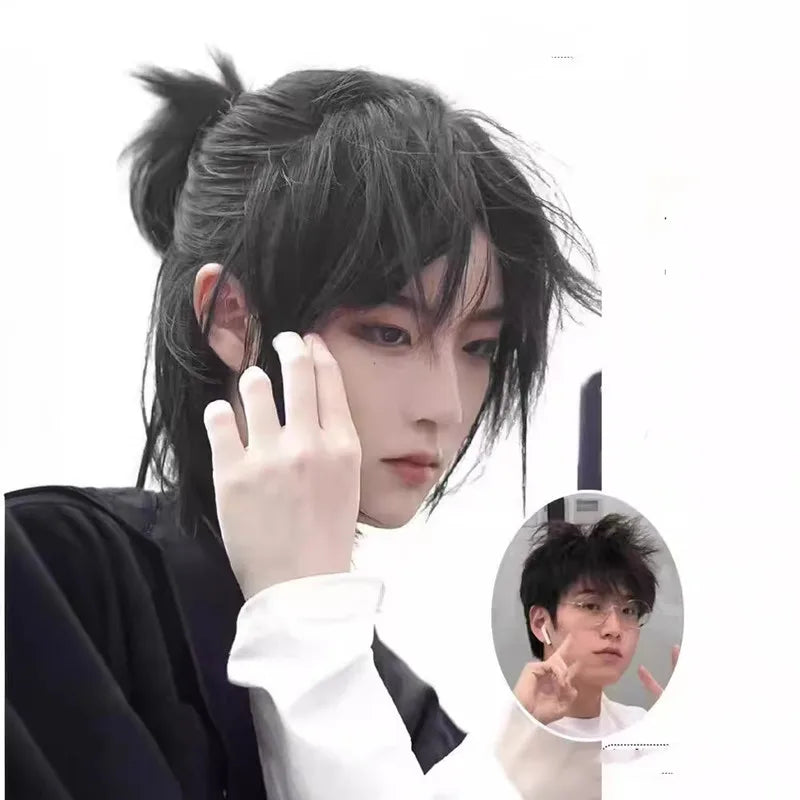 Short Mullet Head Wigs with Bangs Synthetic Straight Anime Men Black Hair Wig for Daily Party Cosplay