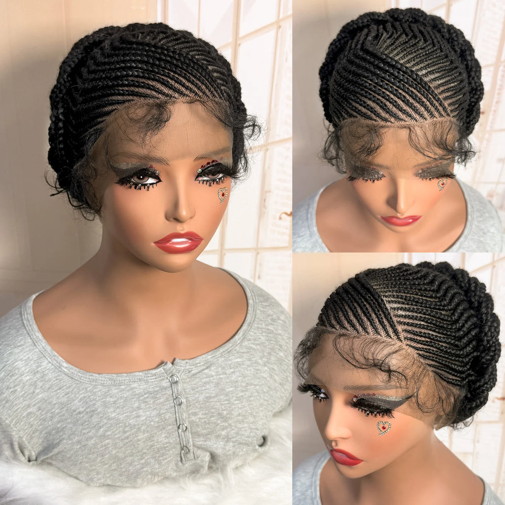 Short Full Lace Braiding Wig Synthetic Cornrow Knotless Box Braided Wigs Natural African Bantu Braids Wig for Black Women