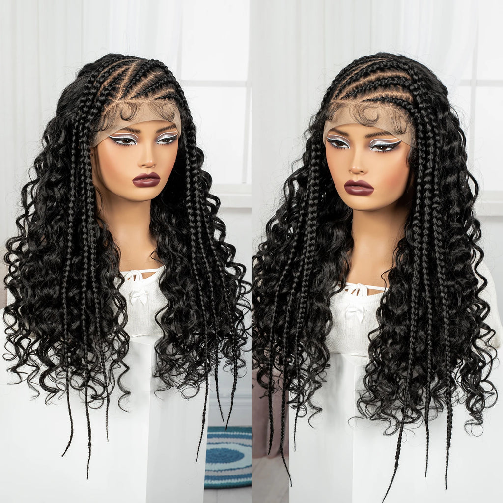26Inch Cornrow Braided Wigs 13x6 Transparent Lace Front Deep Wave Hair Wigs Synthetic Kinky Curly Brazilian Hair Wigs for Women