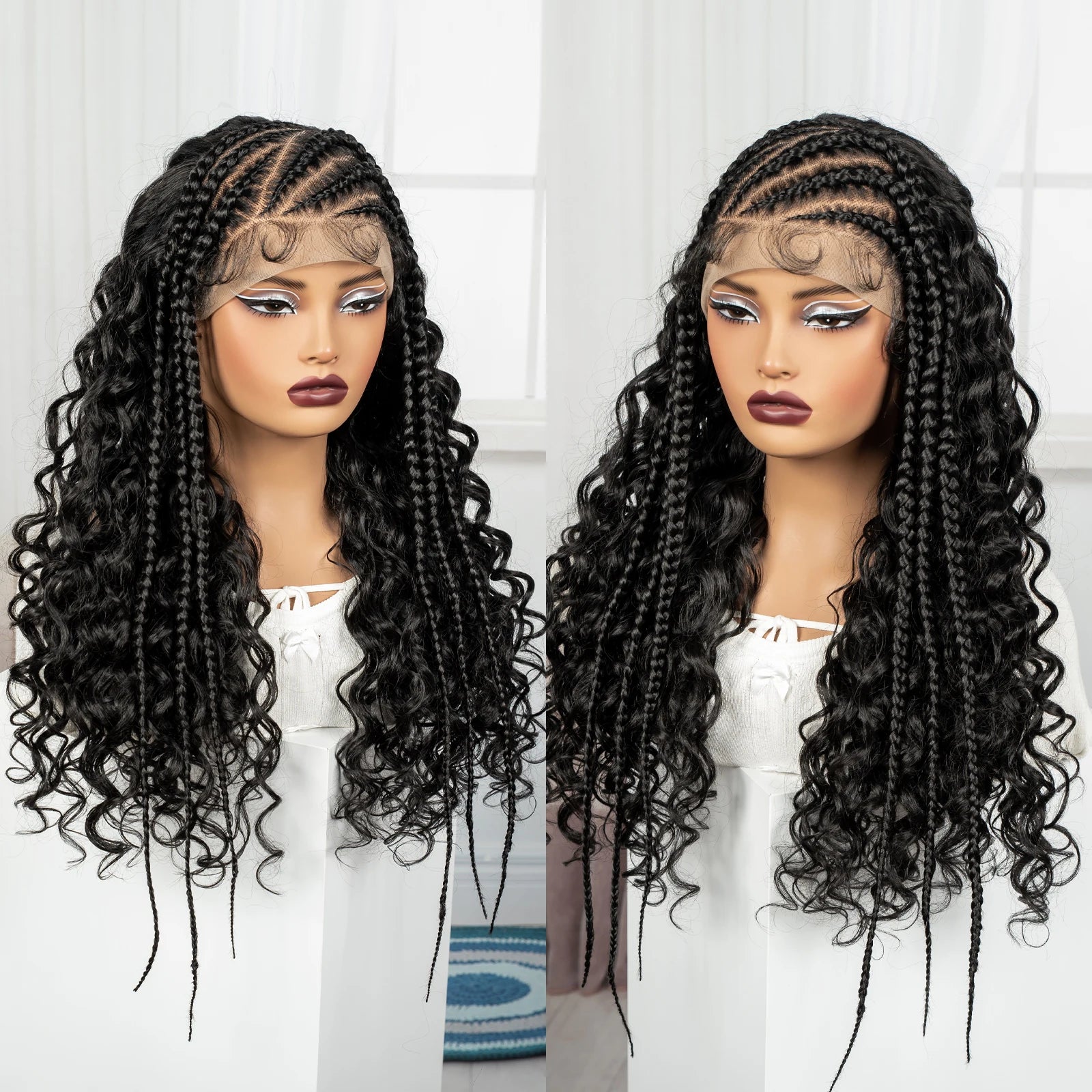26Inch Cornrow Braided Wigs 13x6 Transparent Lace Front Deep Wave Hair Wigs Synthetic Kinky Curly Brazilian Hair Wigs for Women