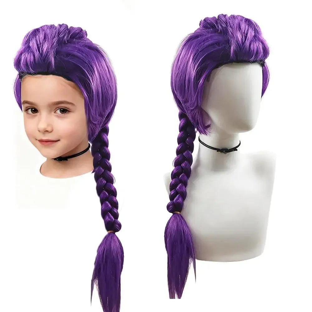 33.5-inch Purple Long Braid With Side Ponytail Integrated Tiger Mouth Clamp Children's Wig Halloween Costume Party Anime Cosplay
