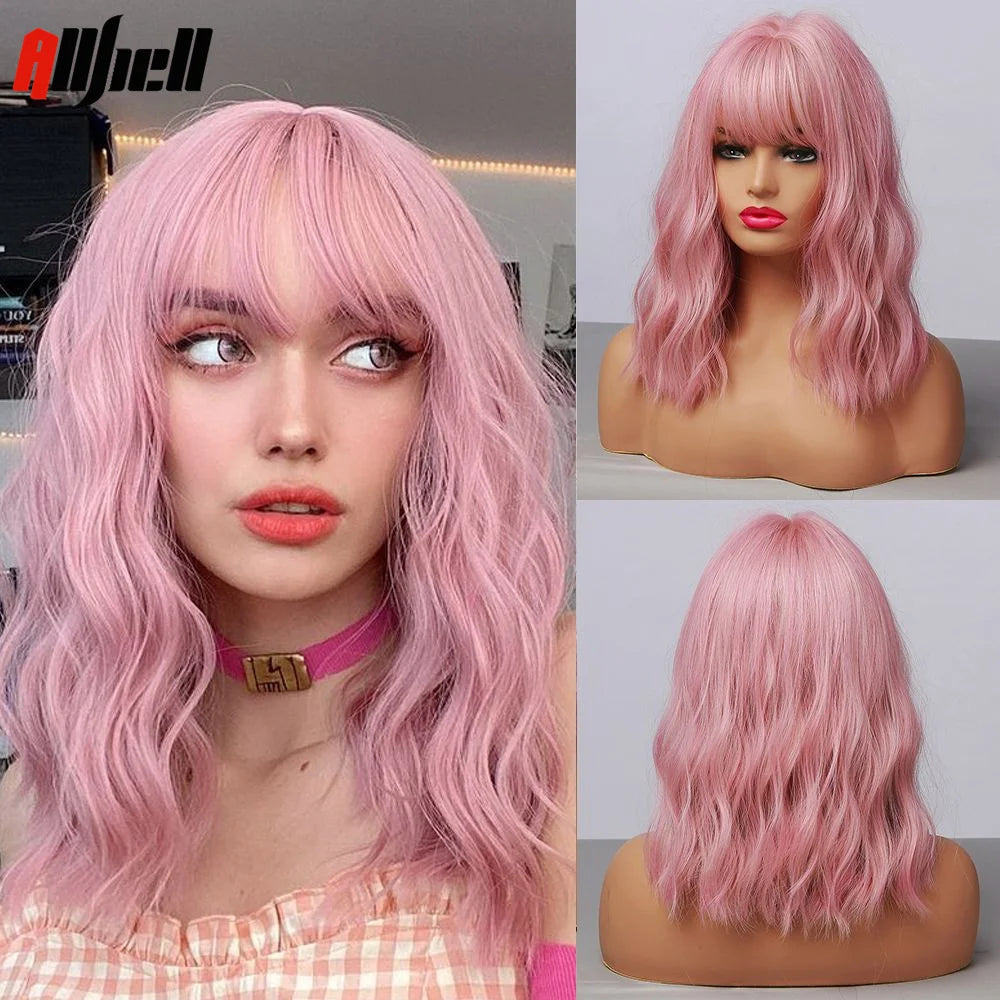 Short Curly Wavy White Synthetic Wig White Lolita Hair Wig with Bangs for Women Natural Cosplay Party Halloween Heat Resistant