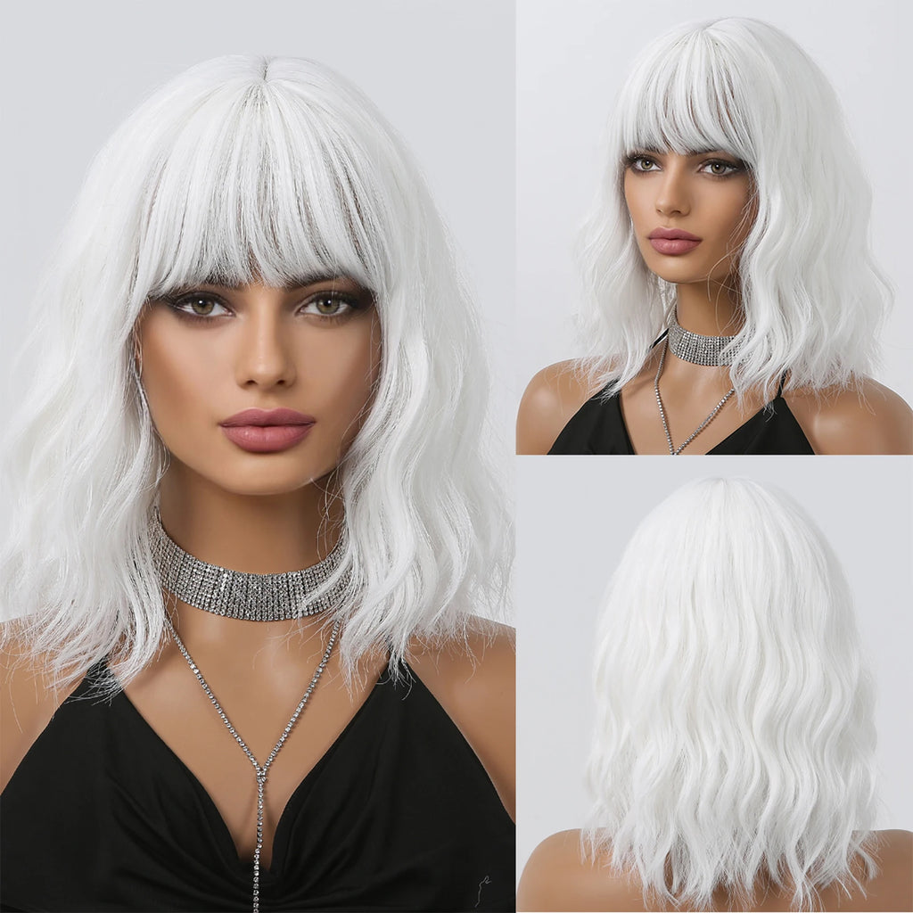 Short Curly Wavy White Synthetic Wig White Lolita Hair Wig with Bangs for Women Natural Cosplay Party Halloween Heat Resistant