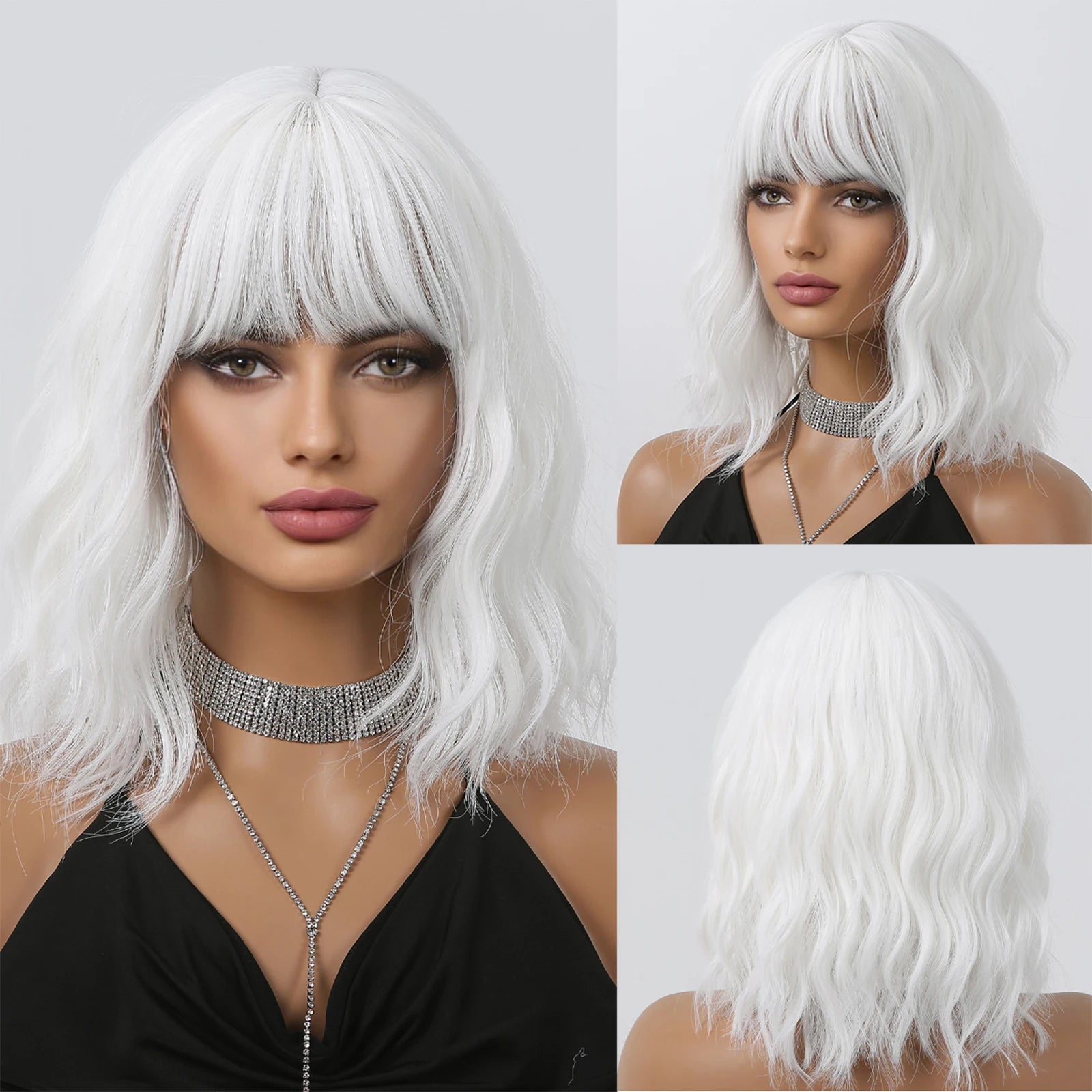 Short Curly Wavy White Synthetic Wig White Lolita Hair Wig with Bangs for Women Natural Cosplay Party Halloween Heat Resistant