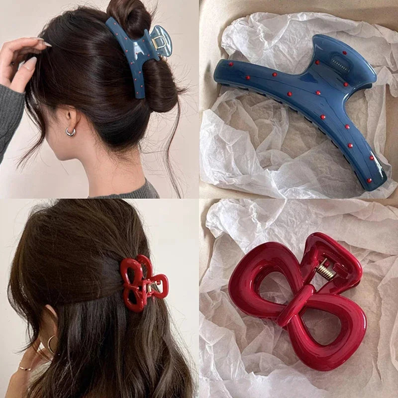 1/2pcs Vintage Elegant Polka Dot Red Bow Hair Clip Shark Claw Clamp Hairpin Barrette Korean Hair Headwear Accessories for Women