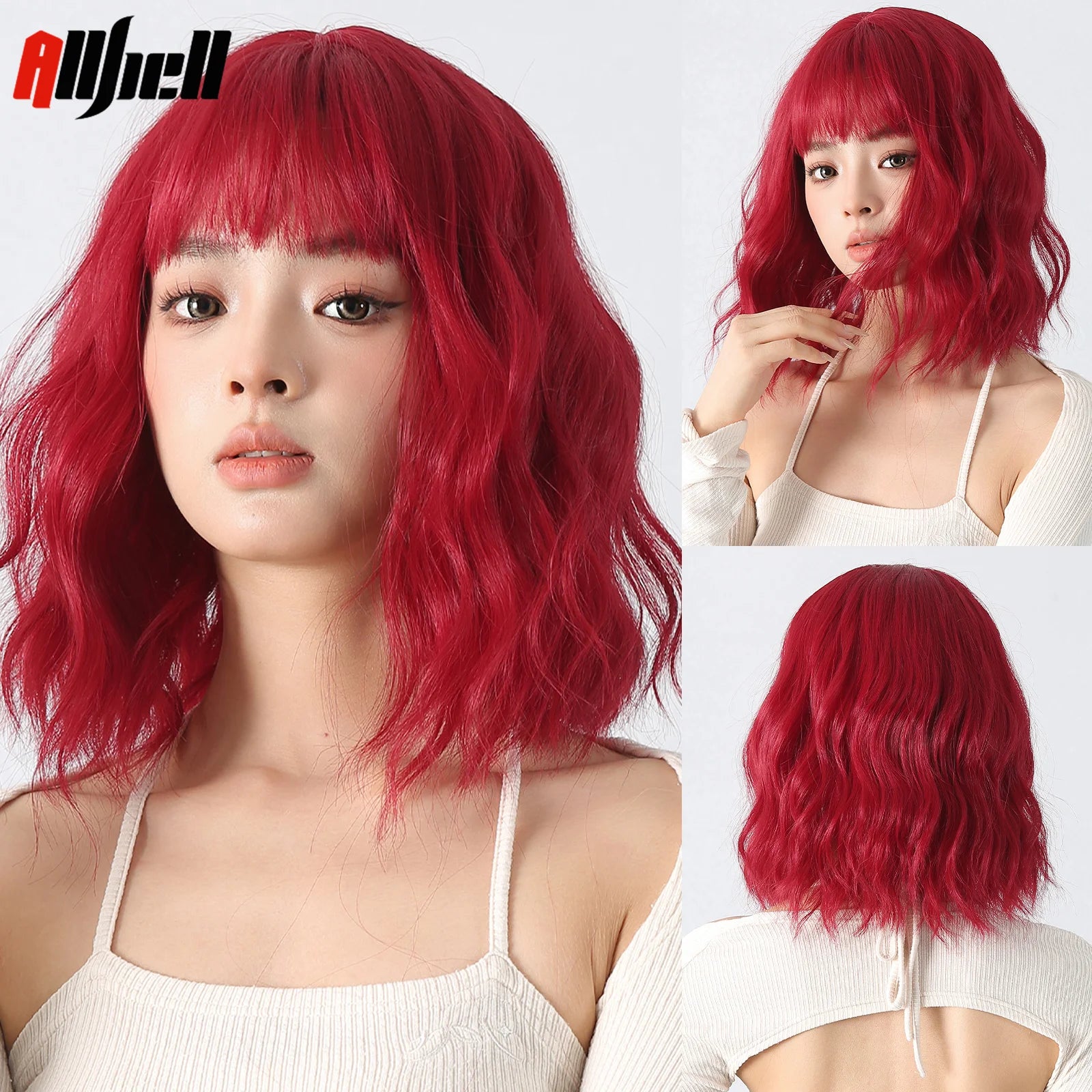 Short Curly Wavy White Synthetic Wig White Lolita Hair Wig with Bangs for Women Natural Cosplay Party Halloween Heat Resistant