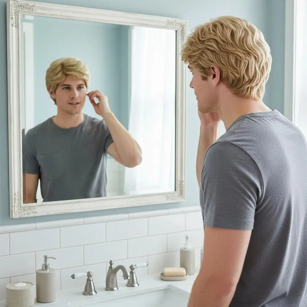 Men's Fashion Wig with Side Swept Bangs - Short Straight Hair Synthetic Full Wig for Men, European Style Ready to Wear