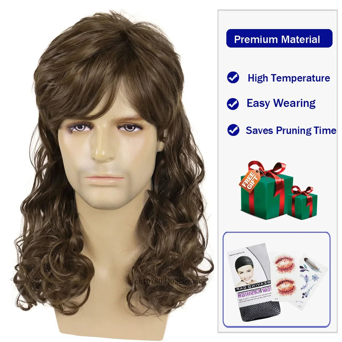 Mullet Wig for Men Synthetic Brown Replacement Wigs 70s Curly Retro Disco Rocker Natural Hair Party Cosplay Costume Man Full Wig
