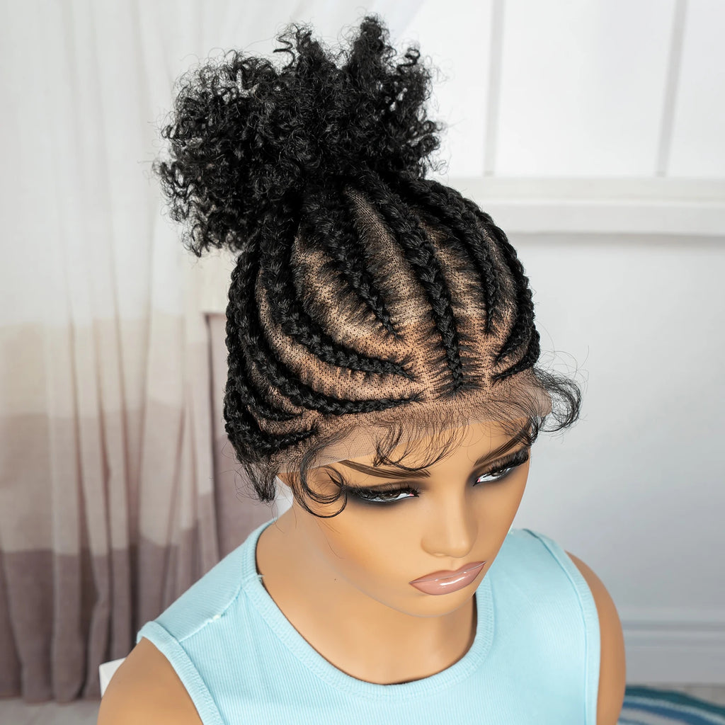Cornrow Braided Wigs Synthetic Full Lace Braids Wig with Baby Hair Short Afro Curly Knotless Braided Lace Wig for Black Women