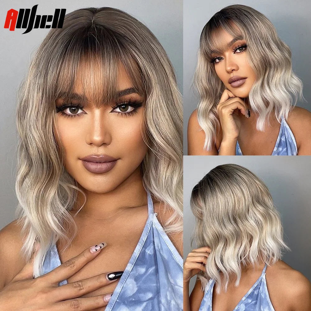 Short Curly Wavy White Synthetic Wig White Lolita Hair Wig with Bangs for Women Natural Cosplay Party Halloween Heat Resistant