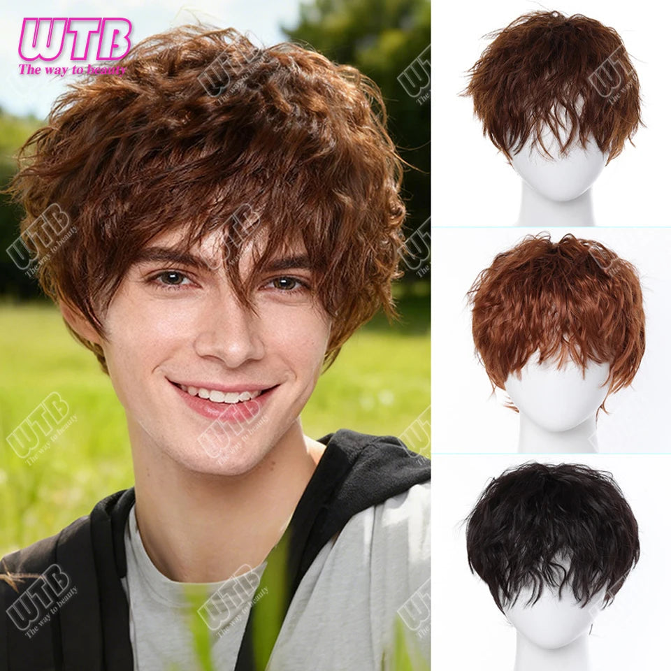 Synthetic Short Curly Boy Party Hair Wig Black Brown Natural Fake False Hair For Men Handsome Breathable Christmas Halloween