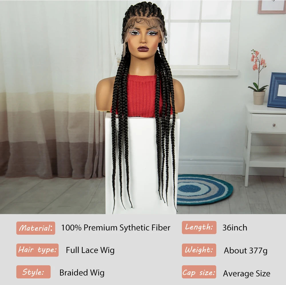 Handmade Cornrow Braided Wigs 36Inch Synthetic Lace Frontal BraidingHair Wigs Knotless Braids Wigs for Black Women