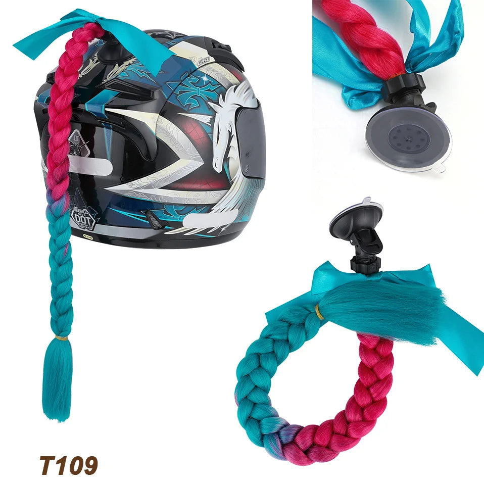 Benehair Syntheitc Helmet Pigtails Gradient Ramp Helmet Braids Ponytail Hair with Suction Cup with Bowknot for Motor Bike 1PCS