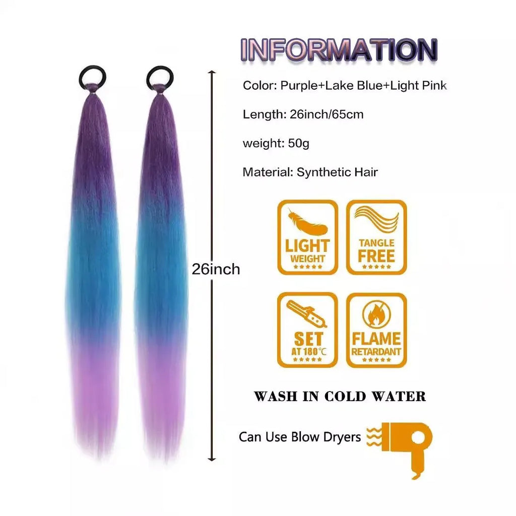 2PC Synthetic Purple Ponytail Extension with Rubber Band Long Straight DIY Braided Pony Tail Hairpiece Women Hair Accessories