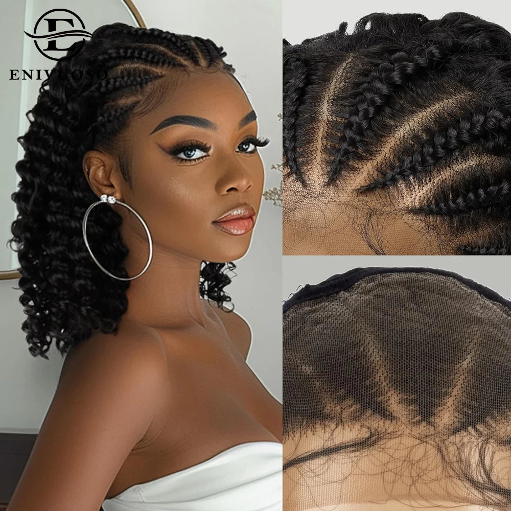 Cornrow Braided Wig with Curly Hair for Black Women 13X4 Synthetic Lace Frontal Handmade Braided Curly Bob Wigs with Baby Hair