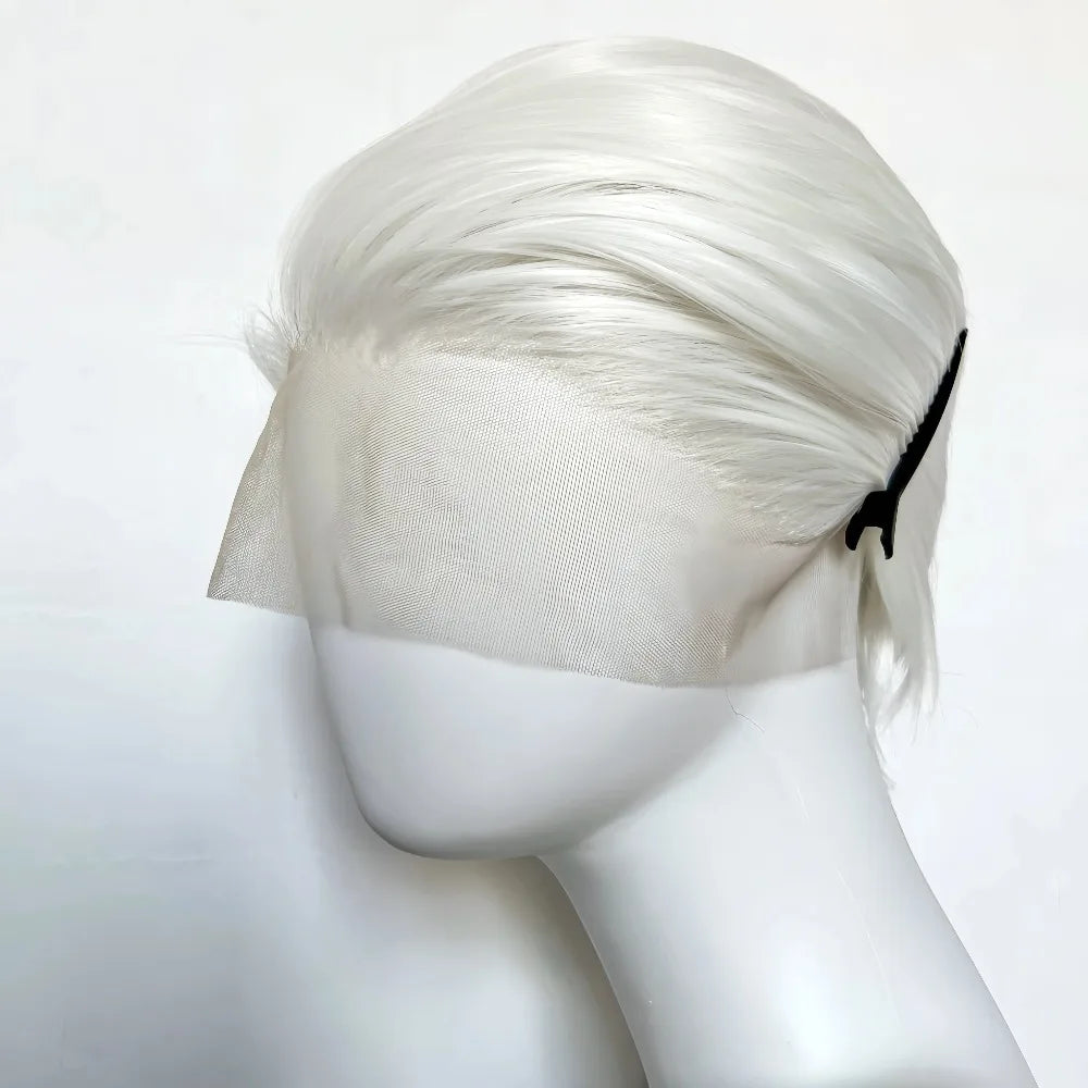 White Wig for Men 6 Inch Short Straight Silver 13*4 Synthetic Lace Front Wigs Heat-resistant Fiber Pelucas for Party Halloween