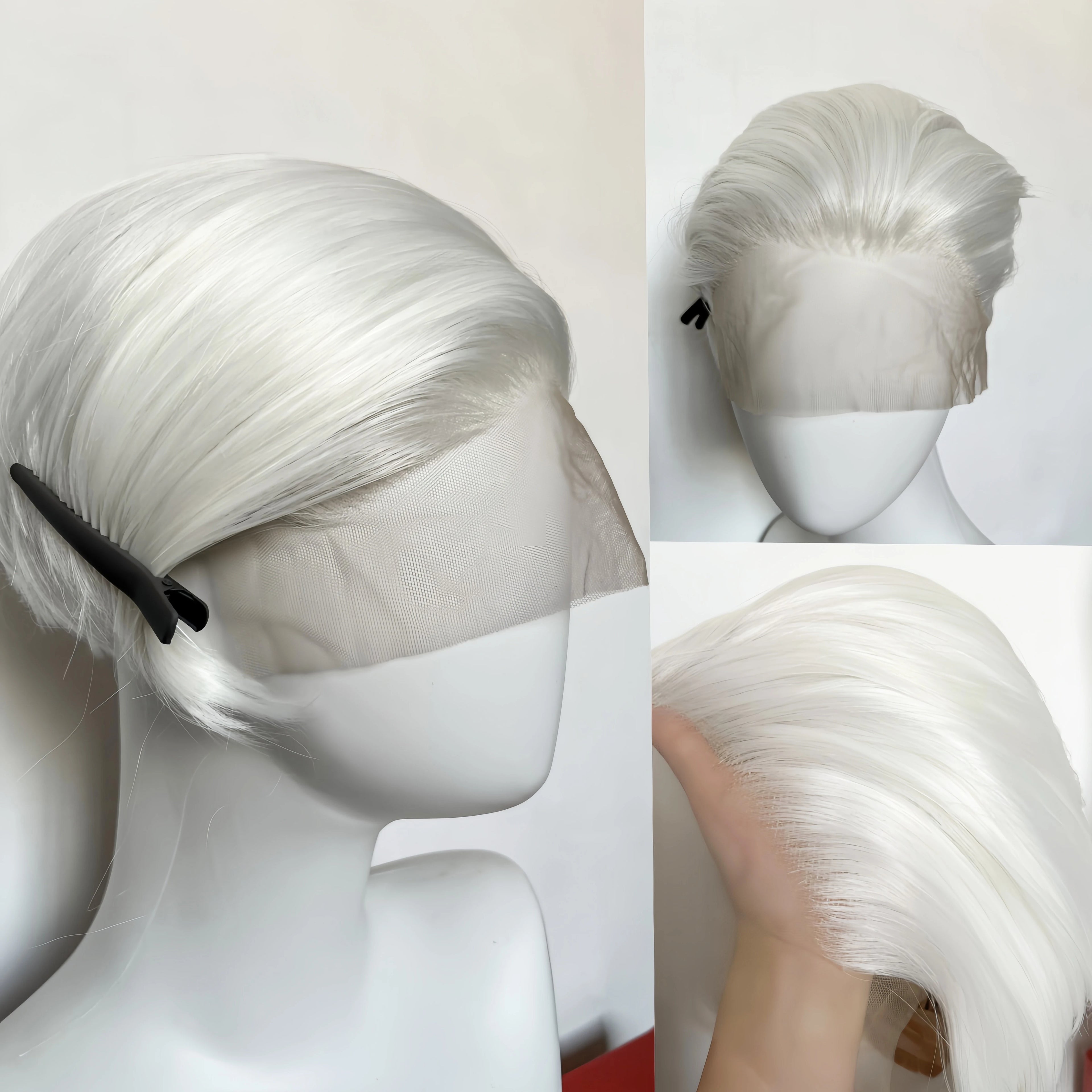 White Wig for Men 6 Inch Short Straight Silver 13*4 Synthetic Lace Front Wigs Heat-resistant Fiber Pelucas for Party Halloween