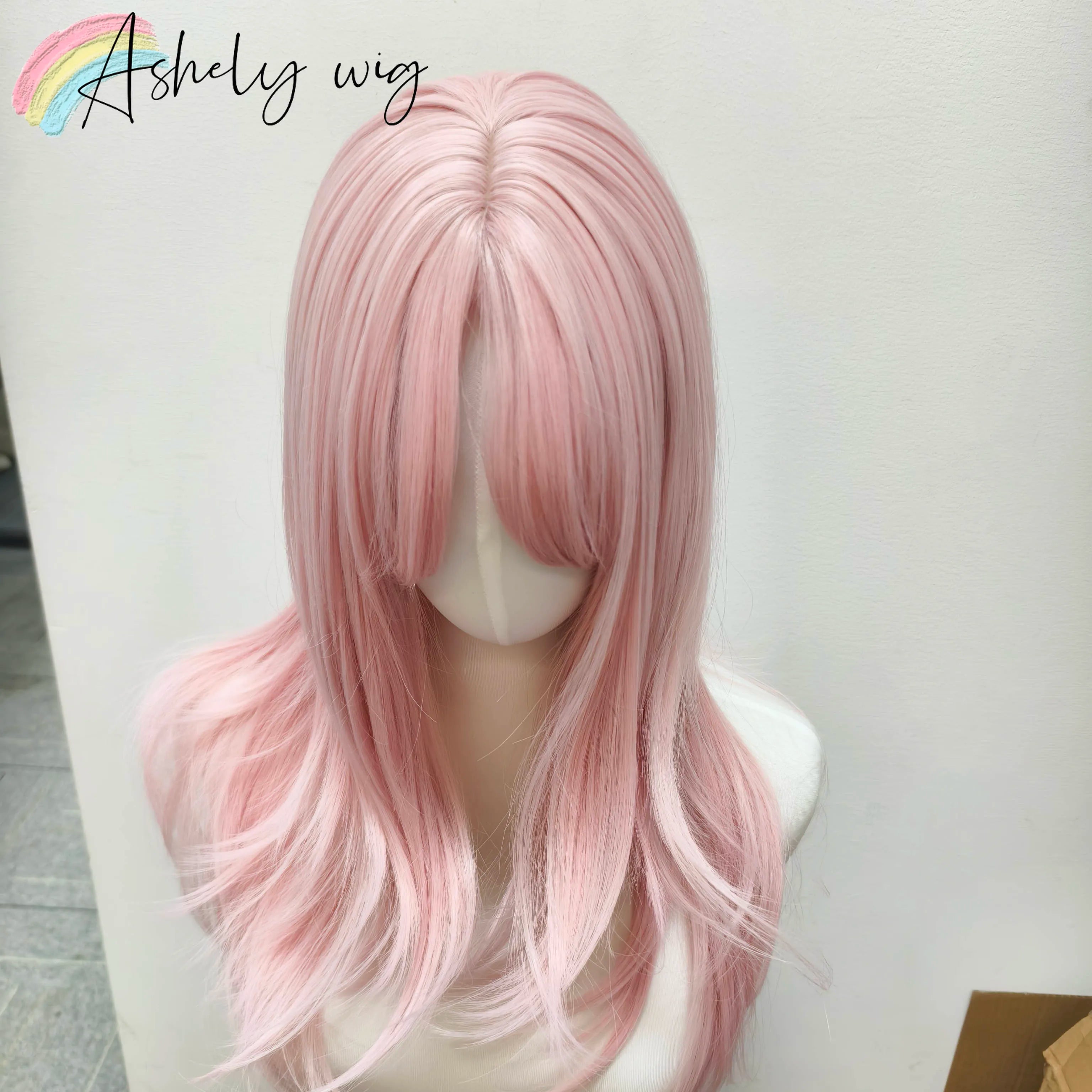 Ashely Pink Wig Lolita Female Headband Body Wavy Rose Hair Models in French Bangs High Level Simulation Hair Wig Synthetic 가발