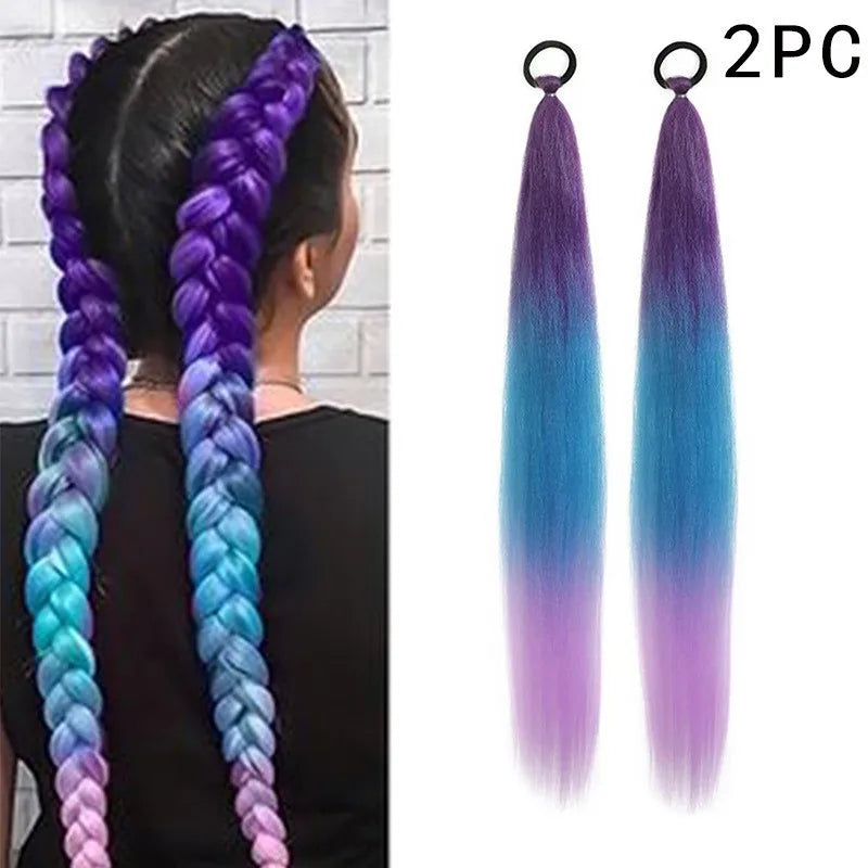 2PC Synthetic Purple Ponytail Extension with Rubber Band Long Straight DIY Braided Pony Tail Hairpiece Women Hair Accessories