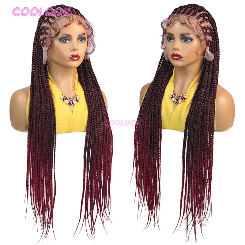 1BBurgundy Cornrow Braids Hair Wigs Synthetic Braided Wigs For Women 36" Knotless Box Braid Wig Full Lace Cornrow Braided Wigs
