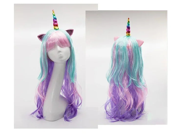 Girls Unicorn Cosplay Hairband Kids Dress UP Wigs Princess Fancy Outfits Accessories Baby Girl Rainbow Braid Synthetic Hair
