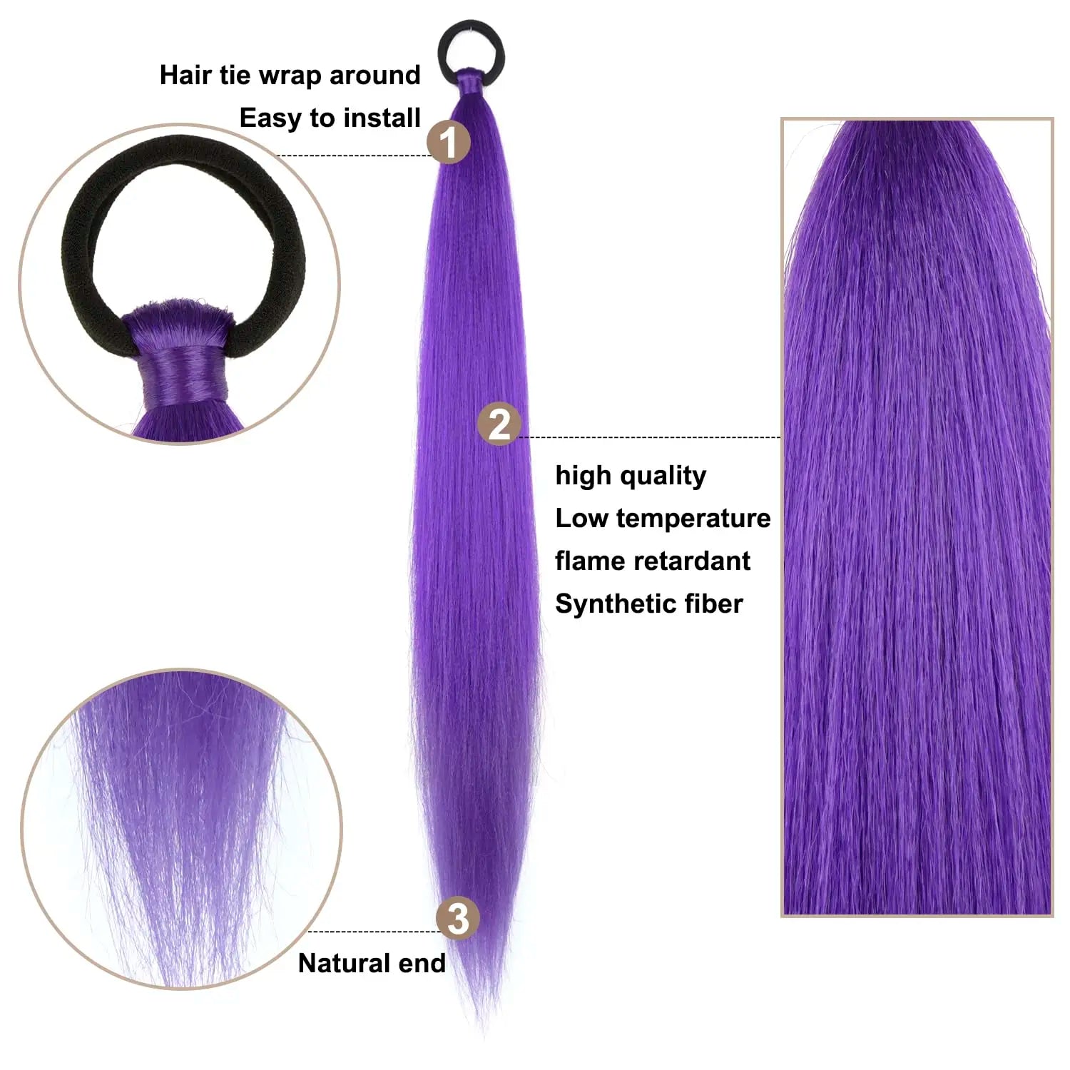 2PC Synthetic Purple Ponytail Extension with Rubber Band Long Straight DIY Braided Pony Tail Hairpiece Women Hair Accessories